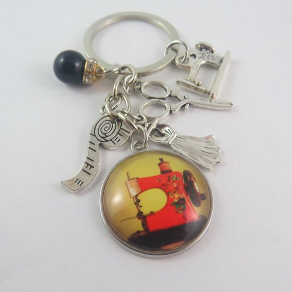 Sewing Keychain Sewing Machine Key Ring with Scissors Dress Form Ruler Charms - Picture 3 of 4